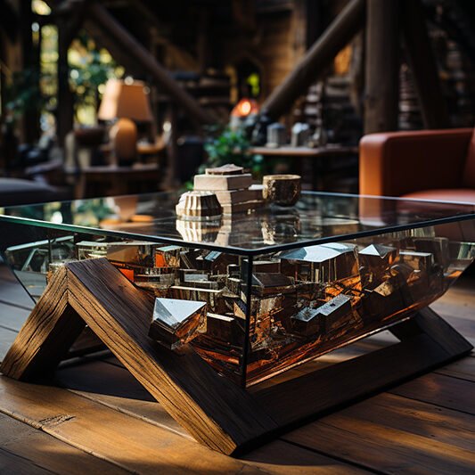 Glass and Wooden Beams Coffee Table