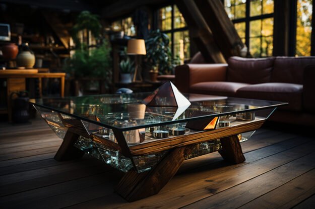Elegant Glass and Wooden Beams Coffee Table