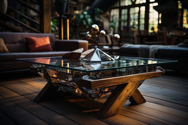 Glass and Wooden Beams Coffee Table
