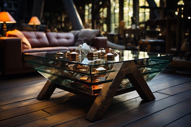 Elegant Glass and Wooden Beams Coffee Table