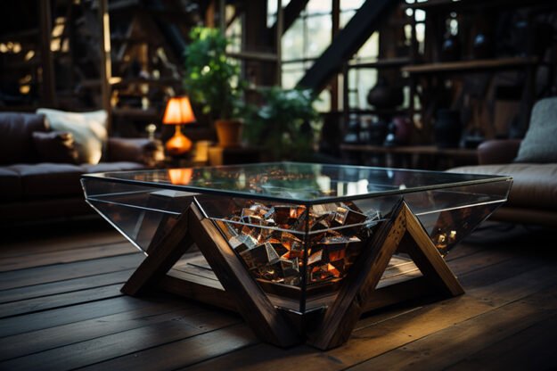 Elegant Glass and Wooden Beams Coffee Table