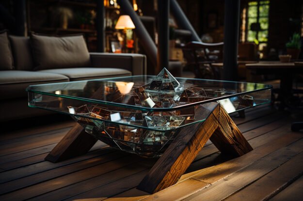 Exquisite Glass and Wooden Beams Coffee Table: Elevate Your Living Space