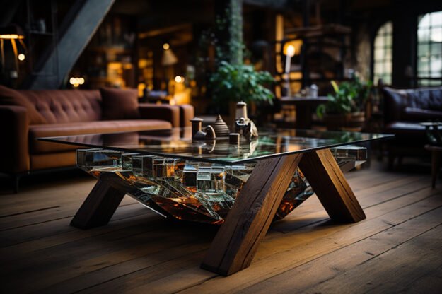 Glass and Wooden Beams Coffee Table: Elevate Your Living Space