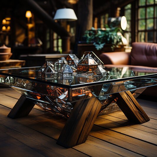Glass and Wooden Beams Coffee Table