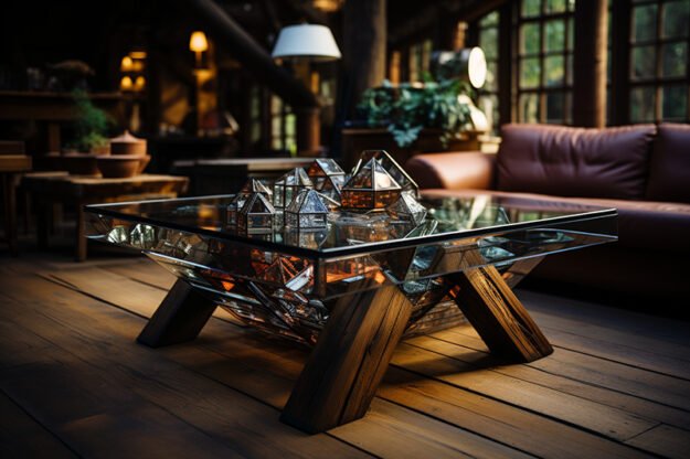 Glass and Wooden Beams Coffee Table