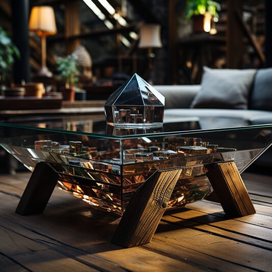 Elegant Glass and Wooden Beams Coffee Table