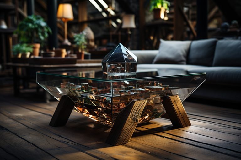 Elegant Glass and Wooden Beams Coffee Table