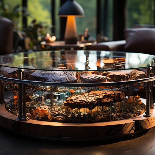 Crafted Elegance: Glass and Wooden Beams Coffee Table