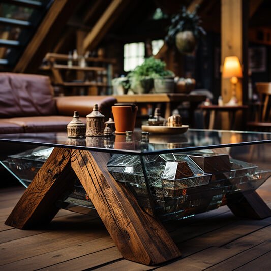 Glass and Wooden Beams Coffee Table