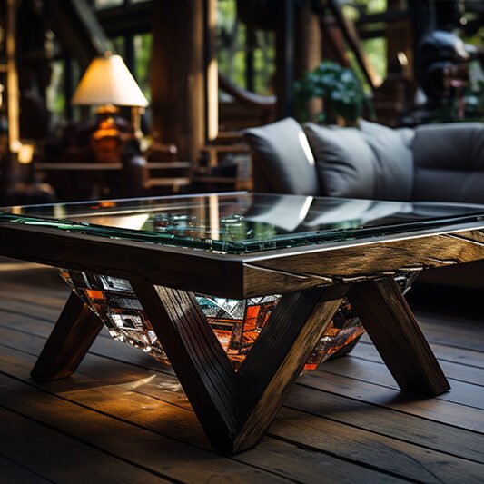 Glass and Wooden Beams Coffee Table
