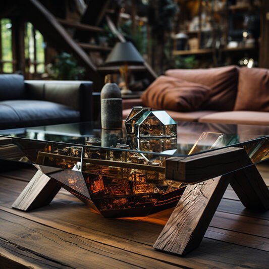 Glass and Wooden Beams Coffee Table