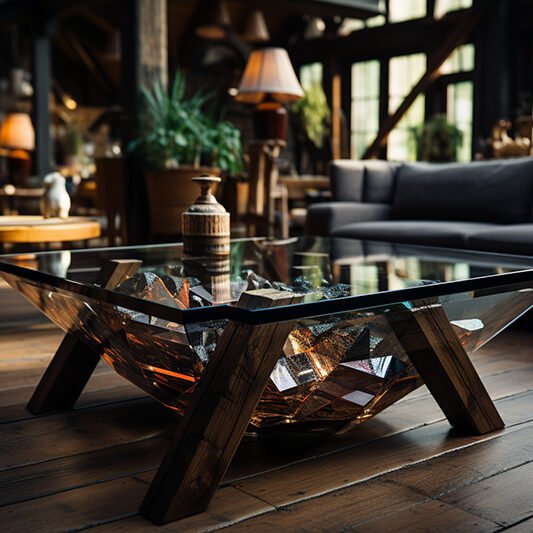 Glass and Wooden Beams Coffee Table