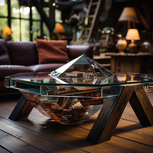 Glass and Wooden Beams Coffee Table