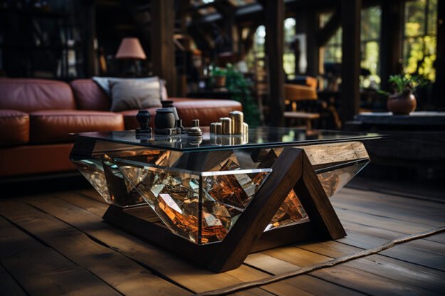 Glass and Wooden Beams Coffee Table – A Timeless Statement Piece