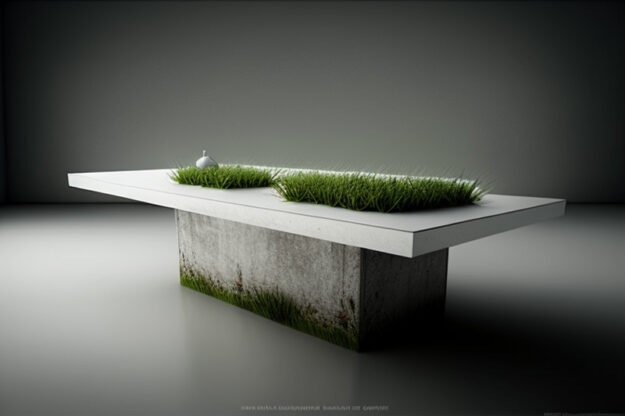Elevate Your Space with a White Concrete Table Adorned with Grass and Clover
