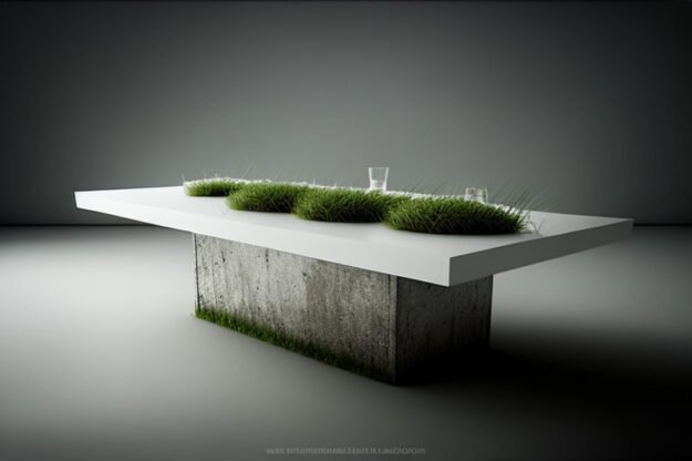 White Concrete Table with Grass and Clover: A Modern Statement Piece
