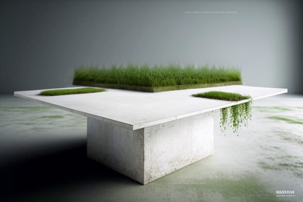 Elegant White Concrete Table with Grass and Clover