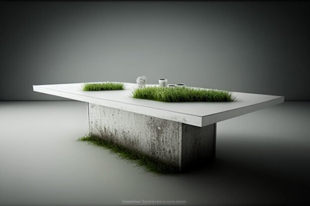 White Concrete Table with Grass and Clover