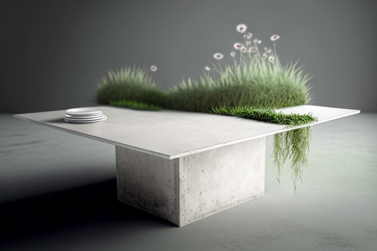 Elegant White Concrete Table with Grass and Clover