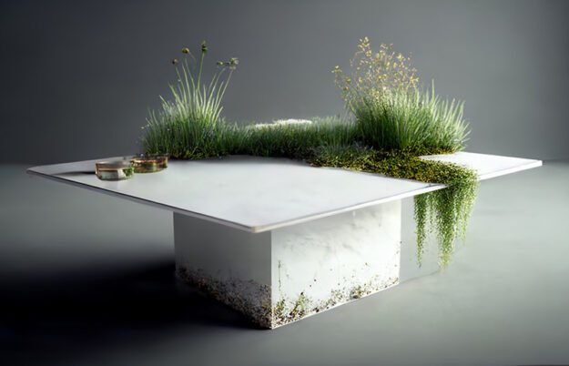 White Concrete Table with Grass and Clover