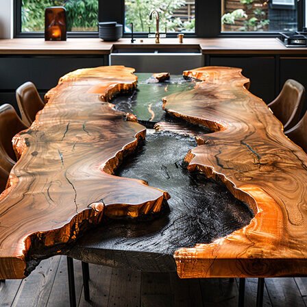 Epoxy Resin River Table with Black Stone
