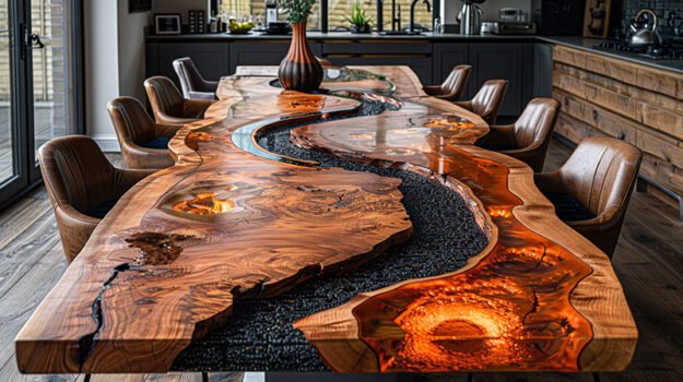 Epoxy Resin River Table with Black Stone