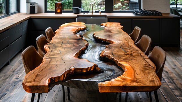 Epoxy Resin River Table with Black Stone