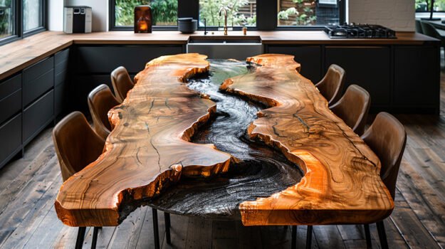 Epoxy Resin River Table with Black Stone