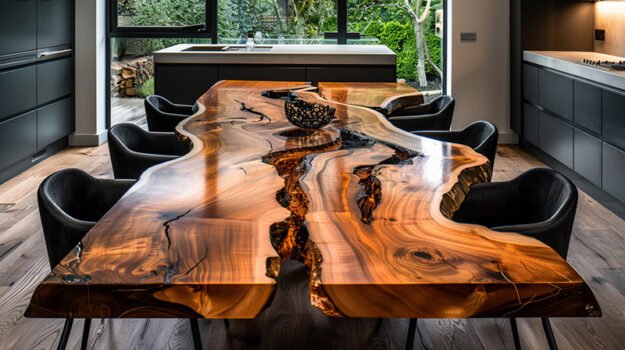 Epoxy Resin River Table with Black Stone