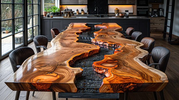 Epoxy Resin River Table with Black Stone