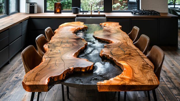 Epoxy Resin River Table with Black Stone