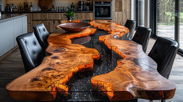 Epoxy Resin River Table with Black Stone