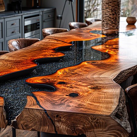 Epoxy Resin River Table with Black Stone