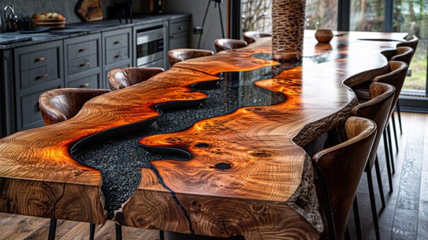 Epoxy Resin River Table with Black Stone
