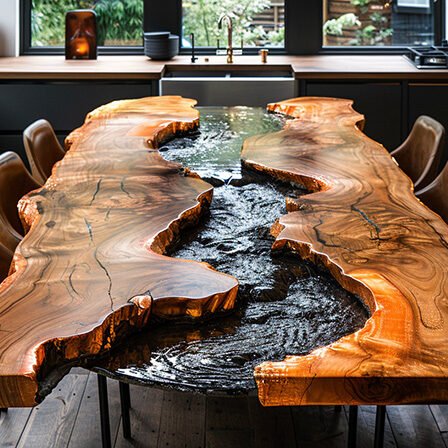 Epoxy Resin River Table with Black Stone -