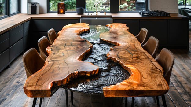 Epoxy Resin River Table with Black Stone -