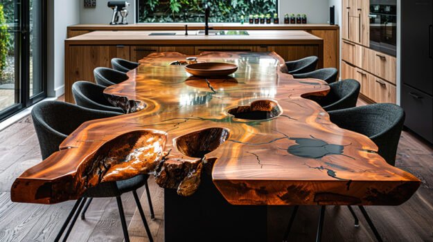 Epoxy Resin River Table with Black Stone