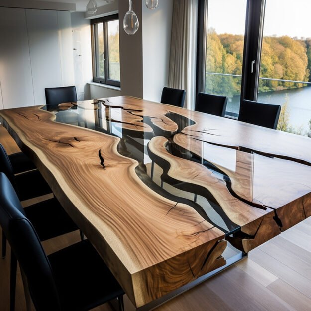 Concrete Wood & Glass River Table: Elevate Your Space with Nature's Artistry