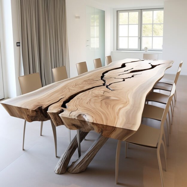 Elegant Concrete Wood & Glass River Table: A Statement of Luxury and Craftsmanship