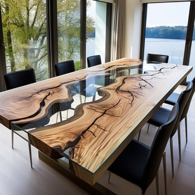 Exquisite Concrete Wood & Glass River Table: Elevate Your Dining Experience