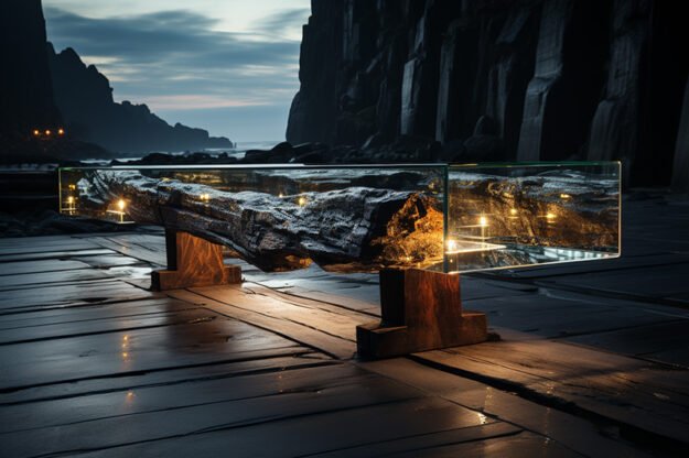 Exquisite Concrete Wood & Glass River Table: Elevate Your Space