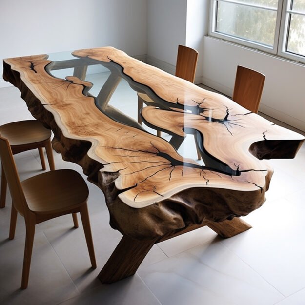 Exquisite Concrete Wood & Glass River Table to Elevate Your Space