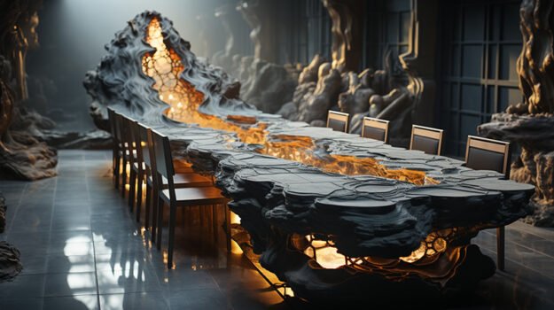 Exquisite Concrete Wood & Glass River Table: A Statement of Elegance and Craftsmanship