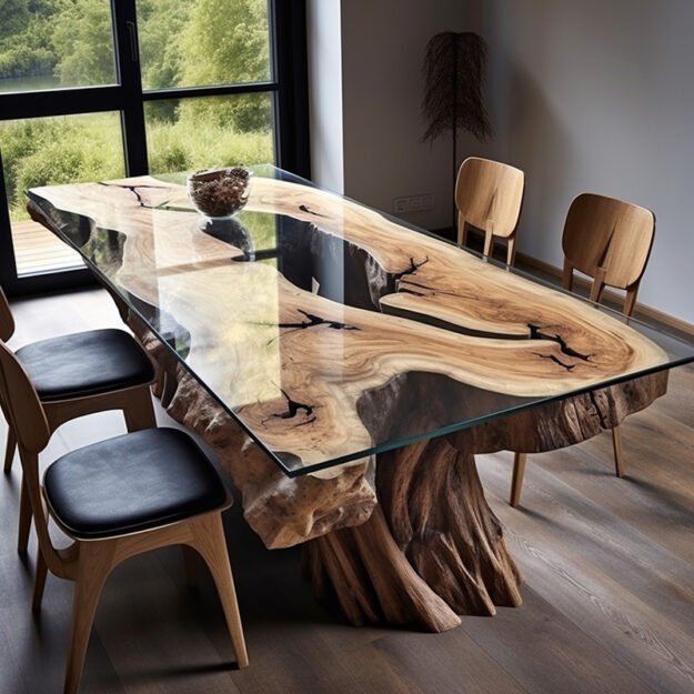 Exquisite Concrete Wood & Glass River Table for Your Modern Home
