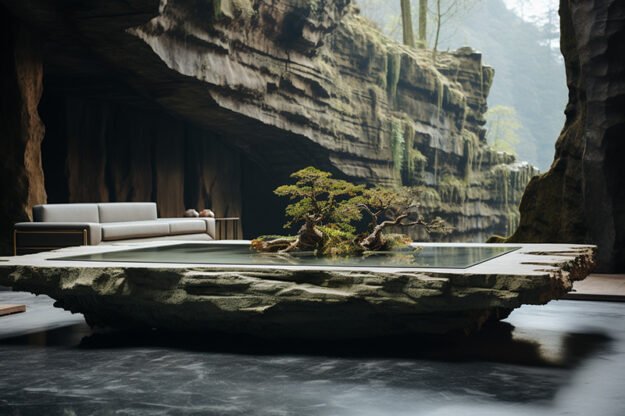 Natural Stone and Wood Table -