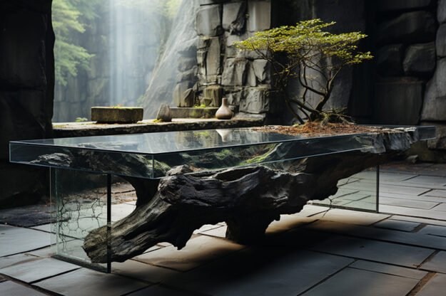 Natural Stone and Wood Table - A Harmonious Blend of Nature and Elegance