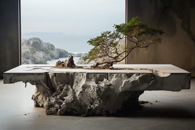 Natural Stone and Wood Table: