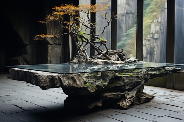 Natural Stone and Wood Table -