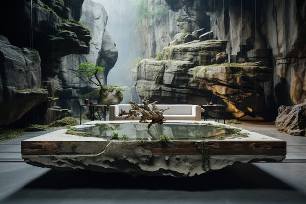 Natural Stone and Wood Table -