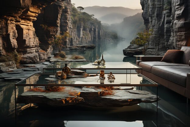 Natural Stone and Wood Table -